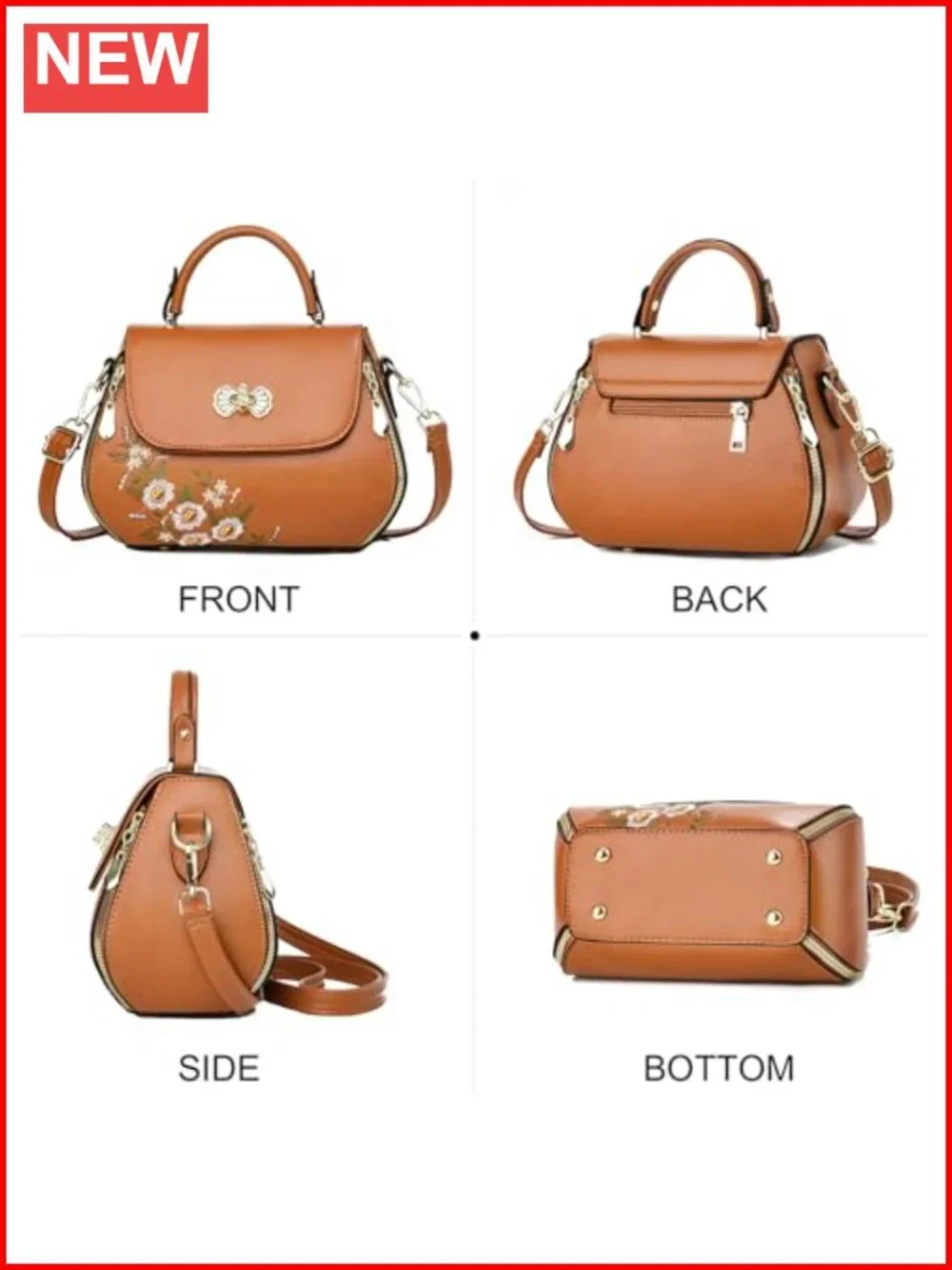 Embroidered PU Leather Satchel Handbag Women Top Handle Flap Crossbody Bag